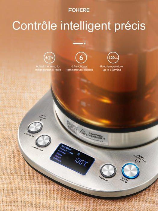 Bouilloire - Fohere - 1,7L - Verre élégant - Contrôle précis de la température - Maintien au chaud 120 min