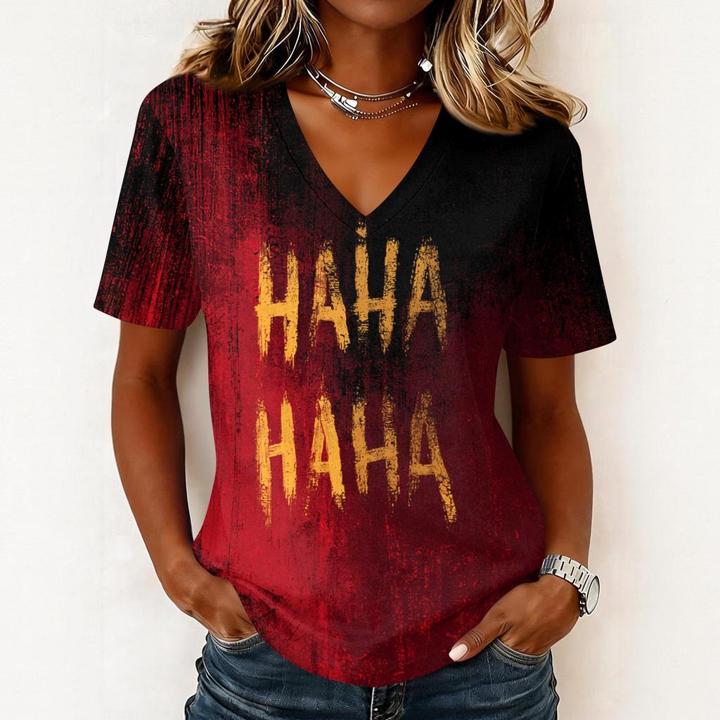 Women's Casual V Neck Pullover Top Halloween Ghost Print Short Sleeve Blouse Lightweight Comfortable Fit