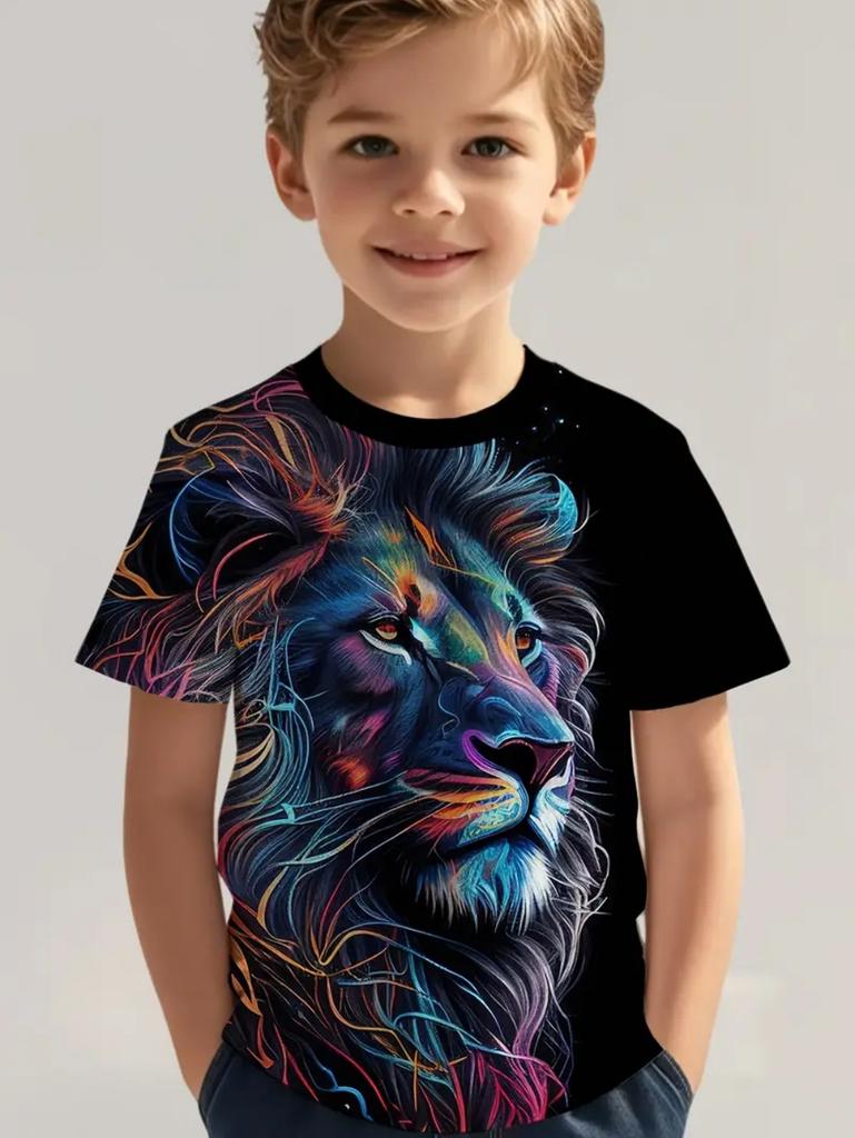 Cool Wolf Boy T-Shirt Tiger 3D Print Kids Short Sleeves Casual Comfortable Boys' Top Tees Outdoor Breathable Lightweight Clothes
