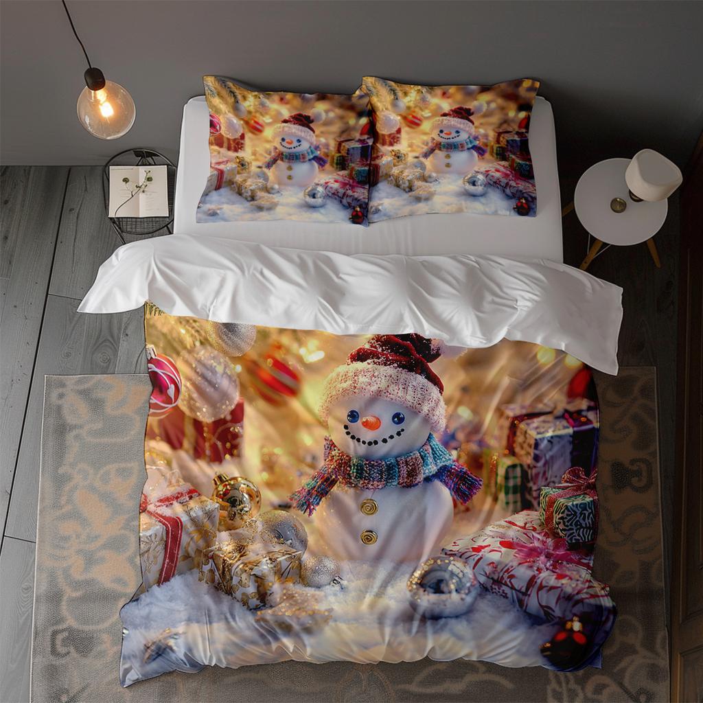 Christmas Snowman Comforter Set 3PCS, Christmas Tree and Gift Pattern Holiday Bedding Set, Soft Microfiber Winter Home Set
