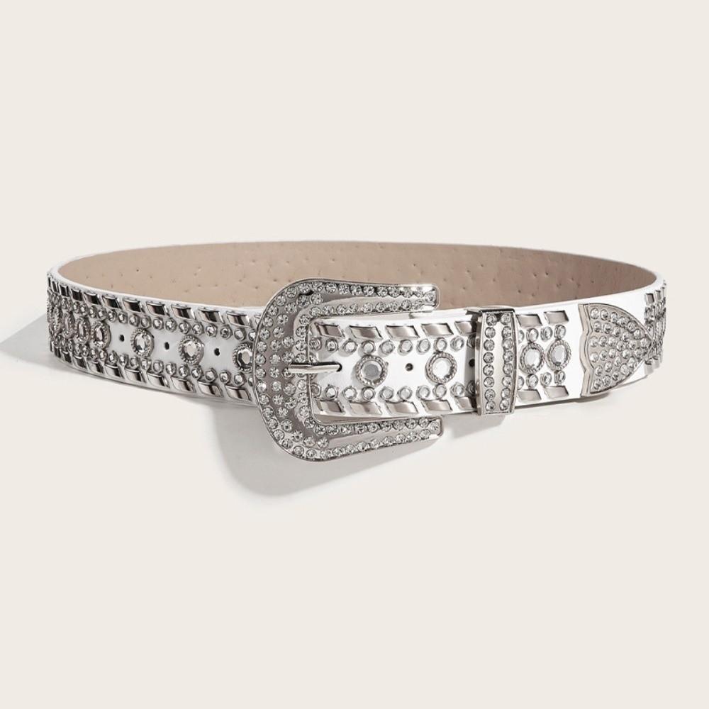 Versatile PU Leather Belt Bling Bling Trendy Waistband Vintage Pin Buckle Belt  For Women белый