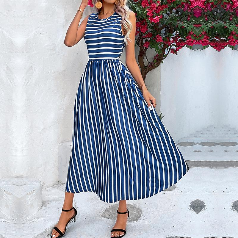 Summer new crew neck long skirt European and American women s striped sleeveless dress S