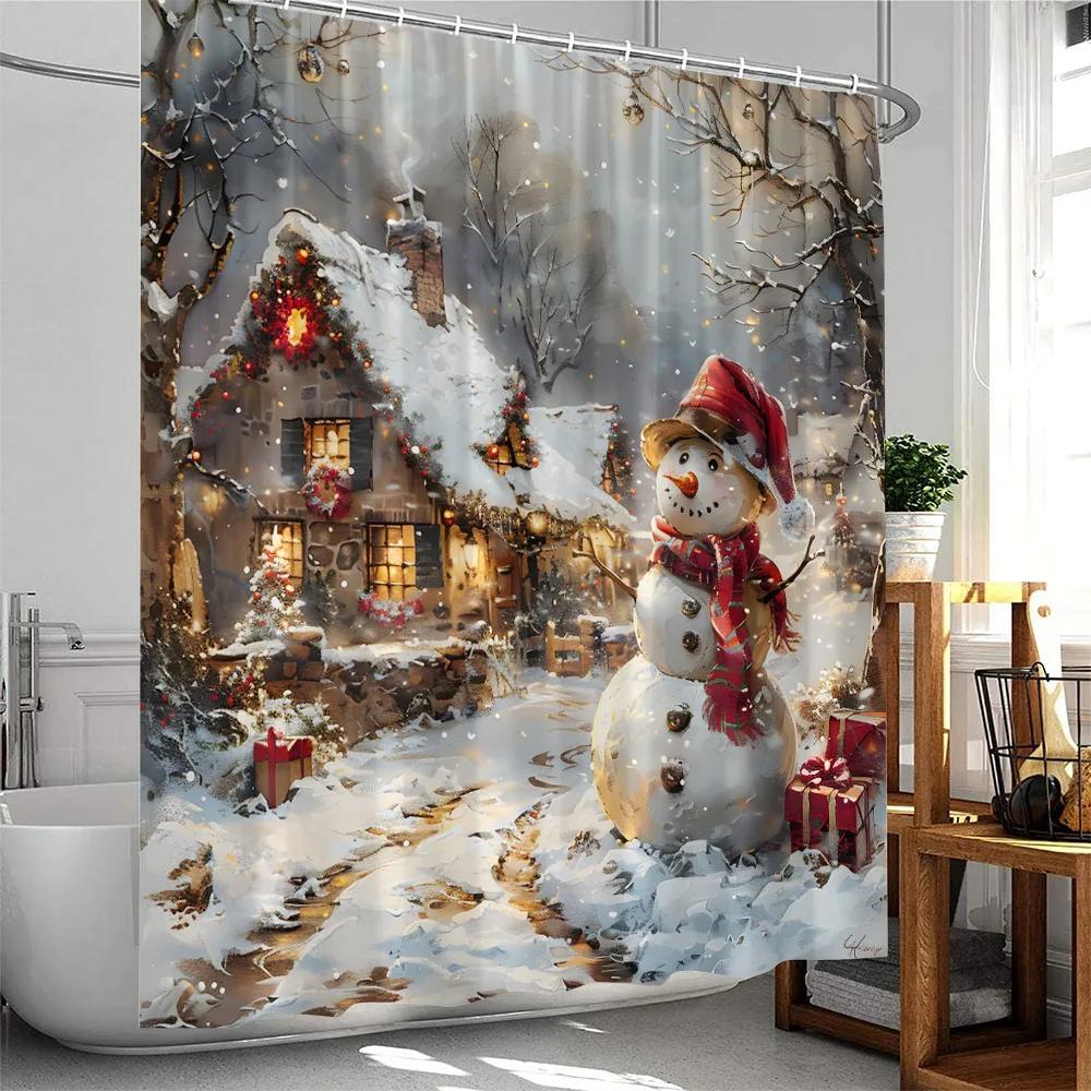 

Christmas Snowman Shower Curtain Winter Holiday Snow Forest Landscape Pine Tree Xmas Gifts Bathroom Decor Polyester W60H190(CM)-1 Pcs
