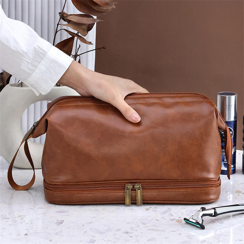 Double-Layered Toiletry Bag for Men Dad Husband Lightweight Leather Travel Shaving Kit Organizer Cosmetic Zipper Pouch