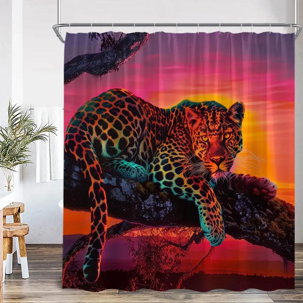 Wild Animals Shower Curtain Tiger Forest Elegant Panther Green Palnts Rose Floral Home Decor for Bathroom Polyester Bath Curtain