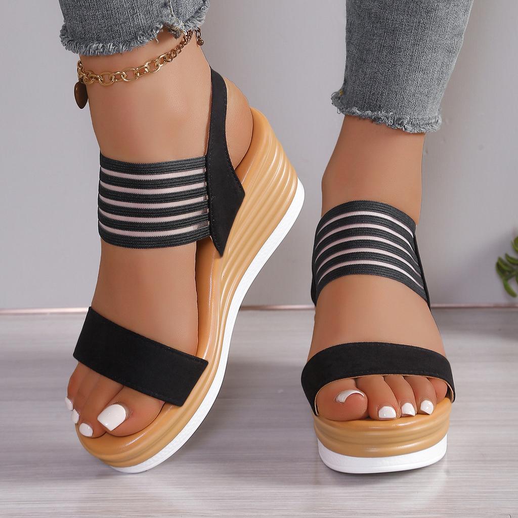 Sandali con zeppa e plateau da donna a pianta larga, scarpe romane con zeppa e punta aperta, sandali da esterno da spiaggia in stile europeo per donna