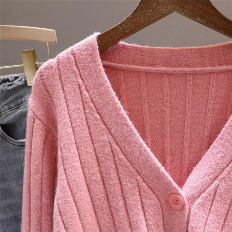 Women's V Neck Knitted Cardigan Short Jacket Loose Long Sleeve Autumn Versatile Outfit Top Sweater