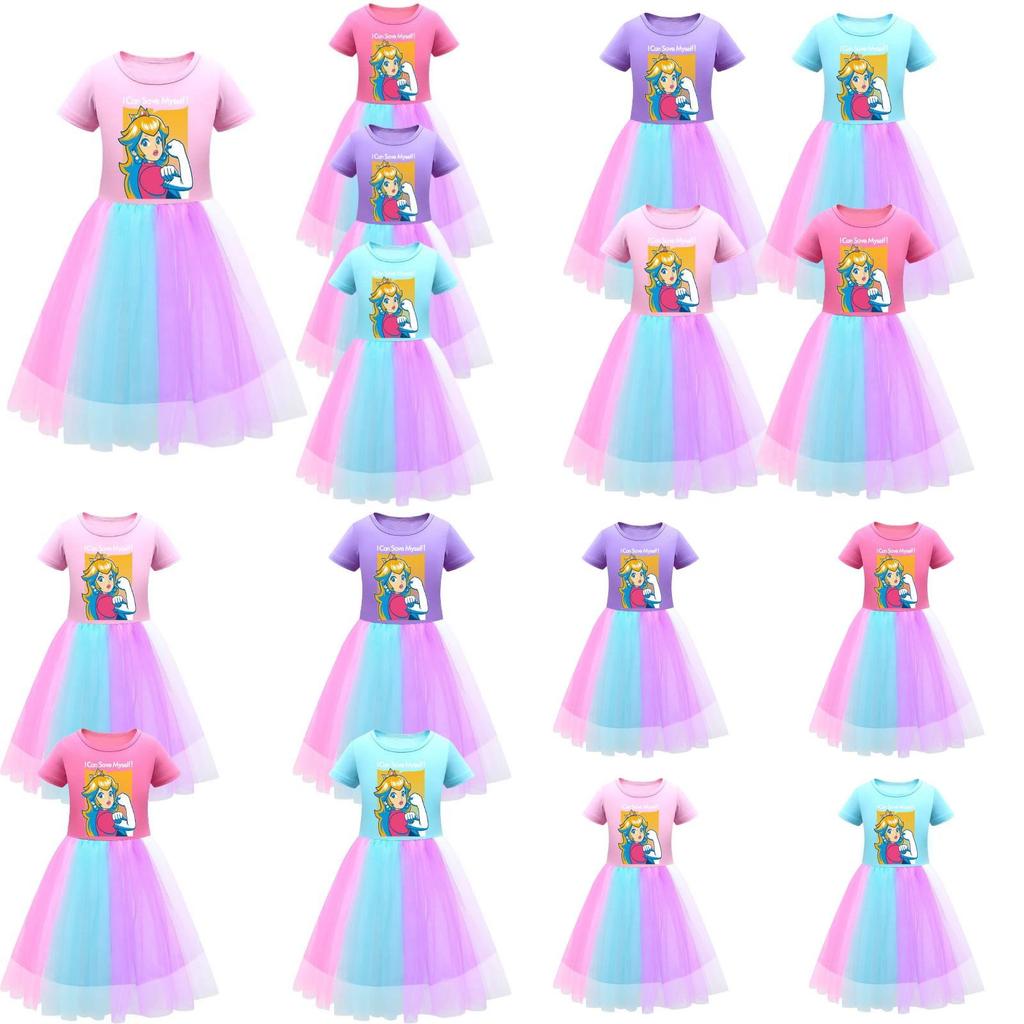 Sukienka dla dziewczynki Super Mario Princess Peach z tęczową koronką w kolorze fioletowym, czerwonym i różowym