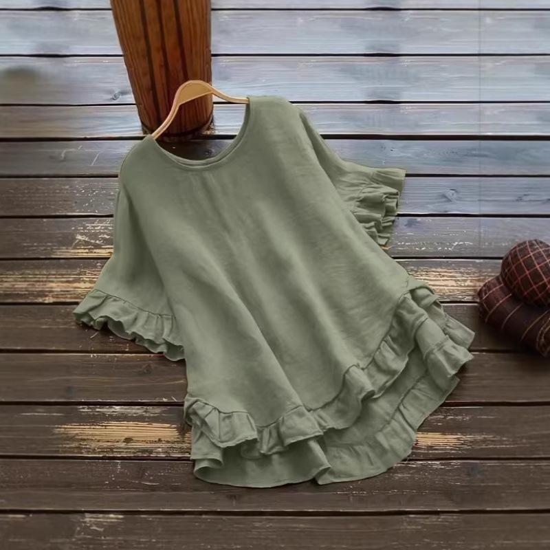 Plus Size Women's Ice Silk Pleated Ruffle Top with Flare Sleeves and Round Neck.