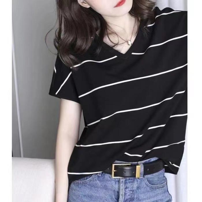 

Корейская футболка большого размера Fat MM 300 Catties Loose Belly Covering Universal с V-образным вырезом и короткими рукавами в полоску для женщин 3XL чёрный