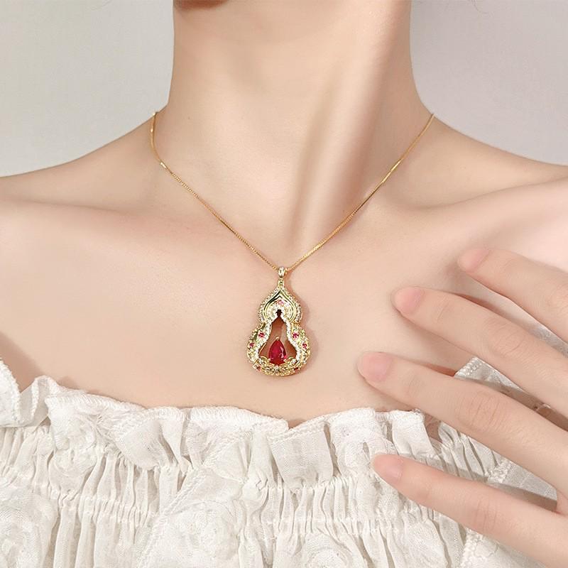 Exquisite Full Diamond Gourd Lotus Necklace with Carved Patterns and Gemstone Accents - New Chinese Style for Women