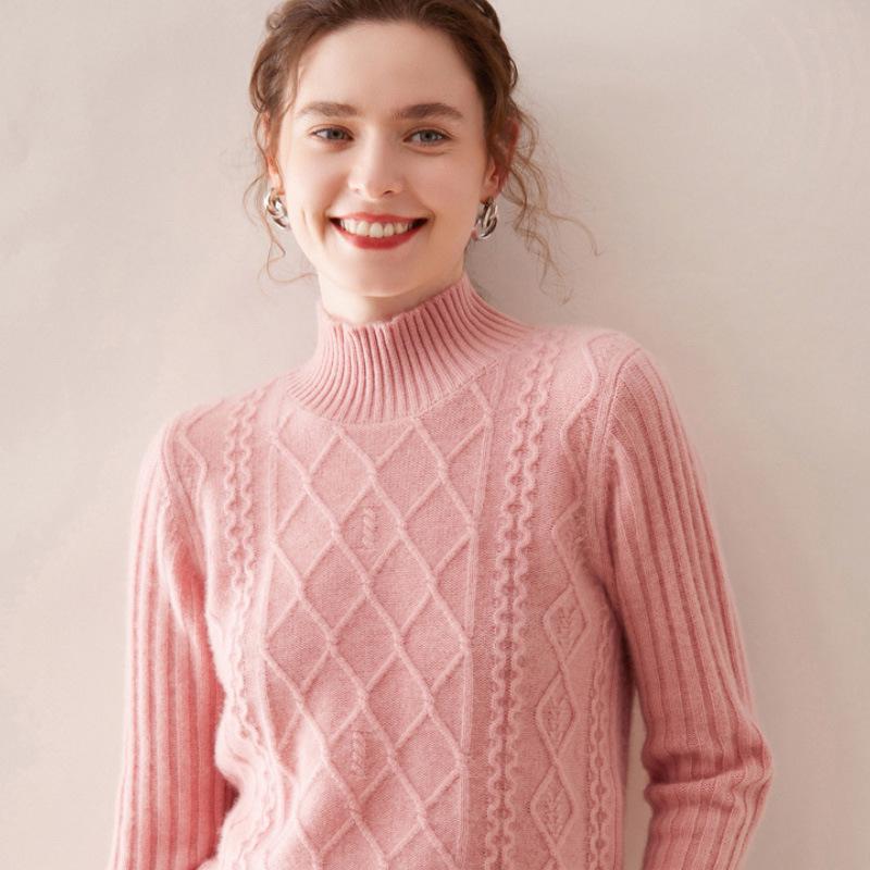Women's 100% Pure Wool Sweater: Autumn/Winter Half-High Collar, Diamond Cable Knit, Long Sleeve, Loose-Fit Knitwear