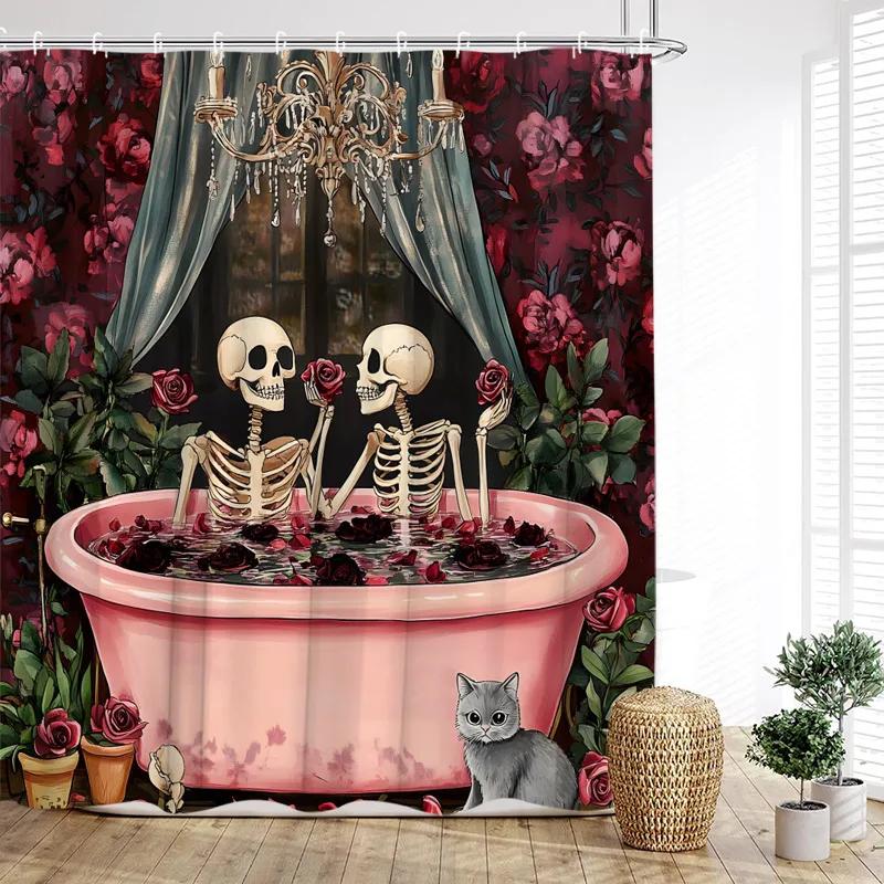 Fun Bathing Lovers Skeleton Shower Curtains Forest Rose Flowers Tree Heart Valentine'S Day Bathroom Curtain Fabric Home Decor