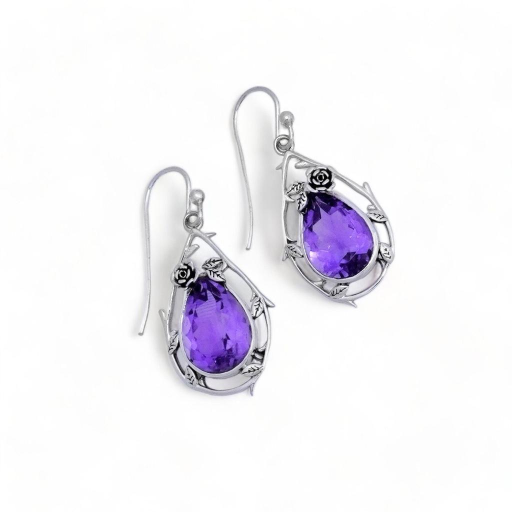 Natural Amethyst 925 Sterling Silver Earrings: Floral Jewelry