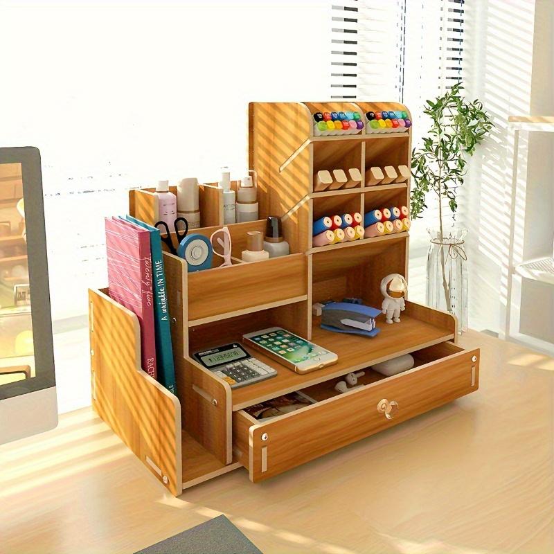 1pc Wooden Desktop Storage Box with Drawers and Multiple Compartments - Large Capacity for Office Supplies and Cosmetics