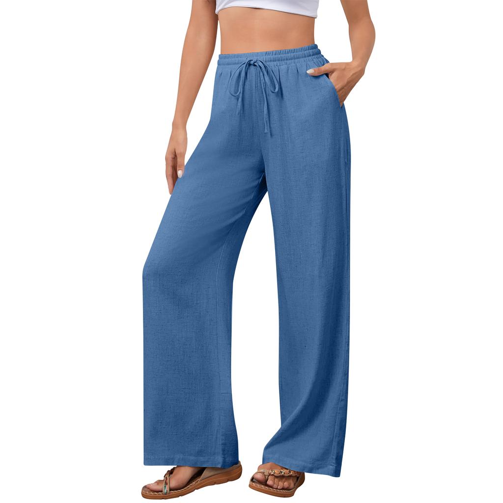Women's Casual Fashion Cotton-Linen Blend Wide-Leg Pants With Side Pockets