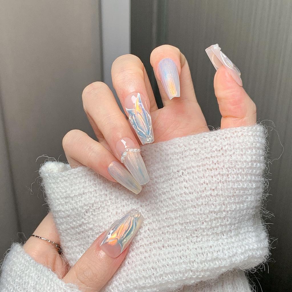 Women Pure‑Handmade Press‑On Nails Hand‑Drawn Cat‑Eye Aurora Sophisticated Brightening Pure‑Desire False Nail Patches