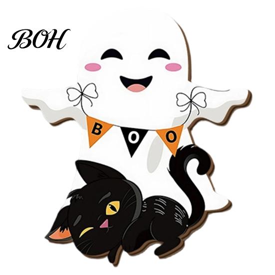 Easy Clean Festive Door Hanger Cute White Ghost Wooden Sign with Black Cat BOO Boho Halloween Room Decoration Banner, Waterproof Front Plaque