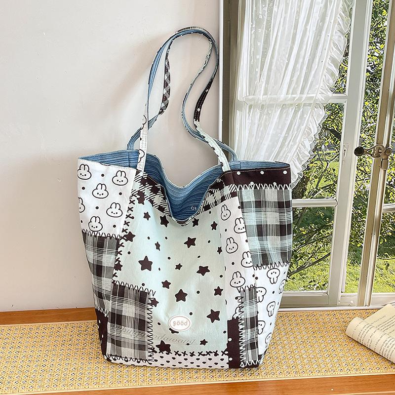 Contrasting Color Canvas Bag Women's Large-capacity New Summer Versatile Shoulder Bag College Student Class Tote Bag
