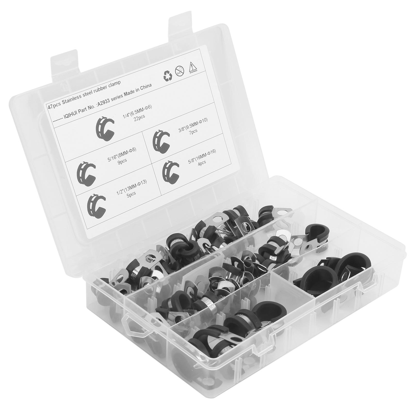 

47pcs Cable Clamps Set R Shape 304 Stainless Steel and Rubber Cushion Assortment Kit