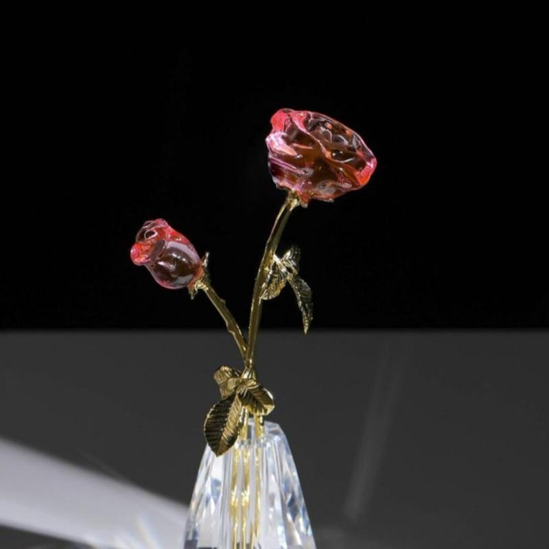 Crystal Rose Sculpture with Vase Collectible Flower Ornament Wedding Anniversary Gift for Home Decoration Accent