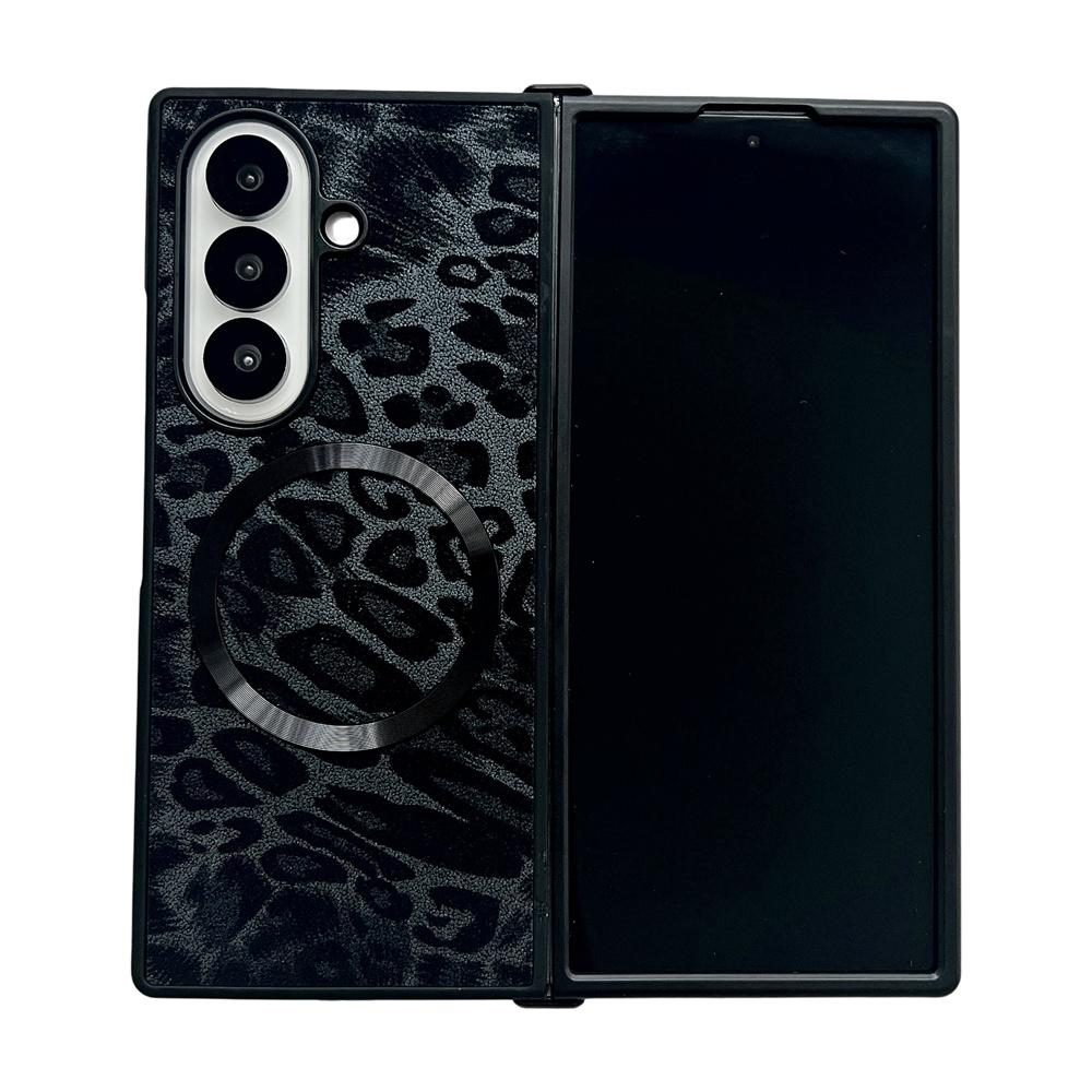 Leopard Print Luxury Leather Magnetic for Magsafe Phone Case for Samsung Galaxy Z Fold 7 6 5 4 Fold7 ZFold7 Shockproof Cover