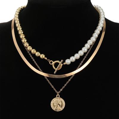Fashion Portrait Coin Pendant Necklace OT Buckle Bead String Layered Necklace Trendy Jewelry for Women