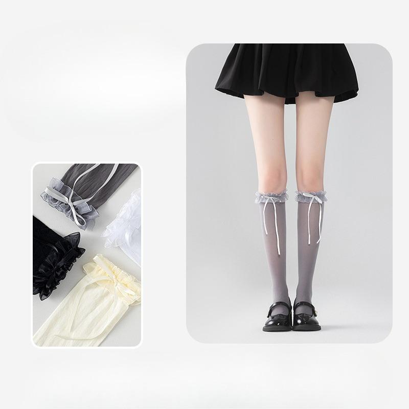 Thin Ballet-style Socks for Women, Bow Tie Leg Covers, Solid Color Pile Socks