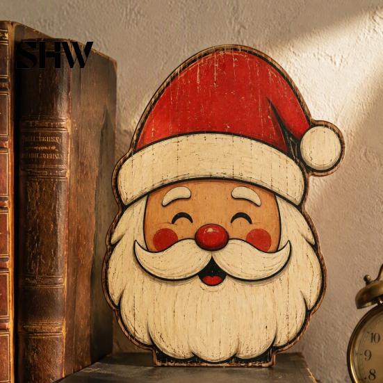Decorative Shelf Statues Christmas Wooden Table Decorations, Santa Claus Snowman Reindeer Desktop Ornaments, Indoor Holiday Displays Distressed Tiered