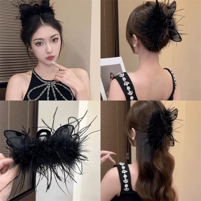 Elegance: Black Rabbit Ear Feather Tassel Claw Clip for Women – 2024 Autumn/Winter High-End Luxury Hair Accessory