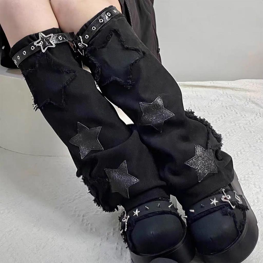 Cute Denim Leg Warmers for Loose Socks with Star Y2K JK Subculture Harajuku Schoolgirl Cold Leg Uniform School Zipper 48cm [LAVASEON] Women, Pattern,