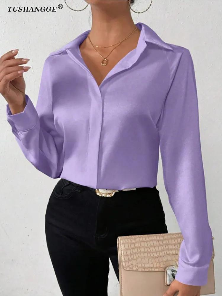 

Женская атласная рубашка с длинным рукавом из искусственного шелка L