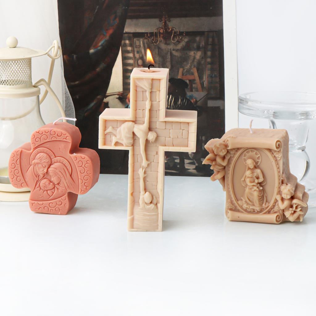 3D Jesus Madonna Family Relief Candle Silicone Mold DIY Religious Statue Gypsum Aromatherapy Molds Cross Soap Resin Making Tool