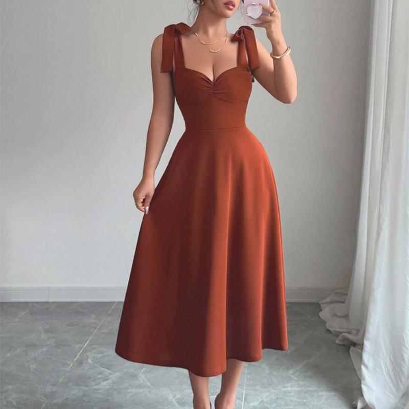 Summer Autumn Women Sexy A-line Maxi Dress Elegant Square Collar Sleeveless Solid Slim Long Dresses Women's Bow Tank Tops Dress