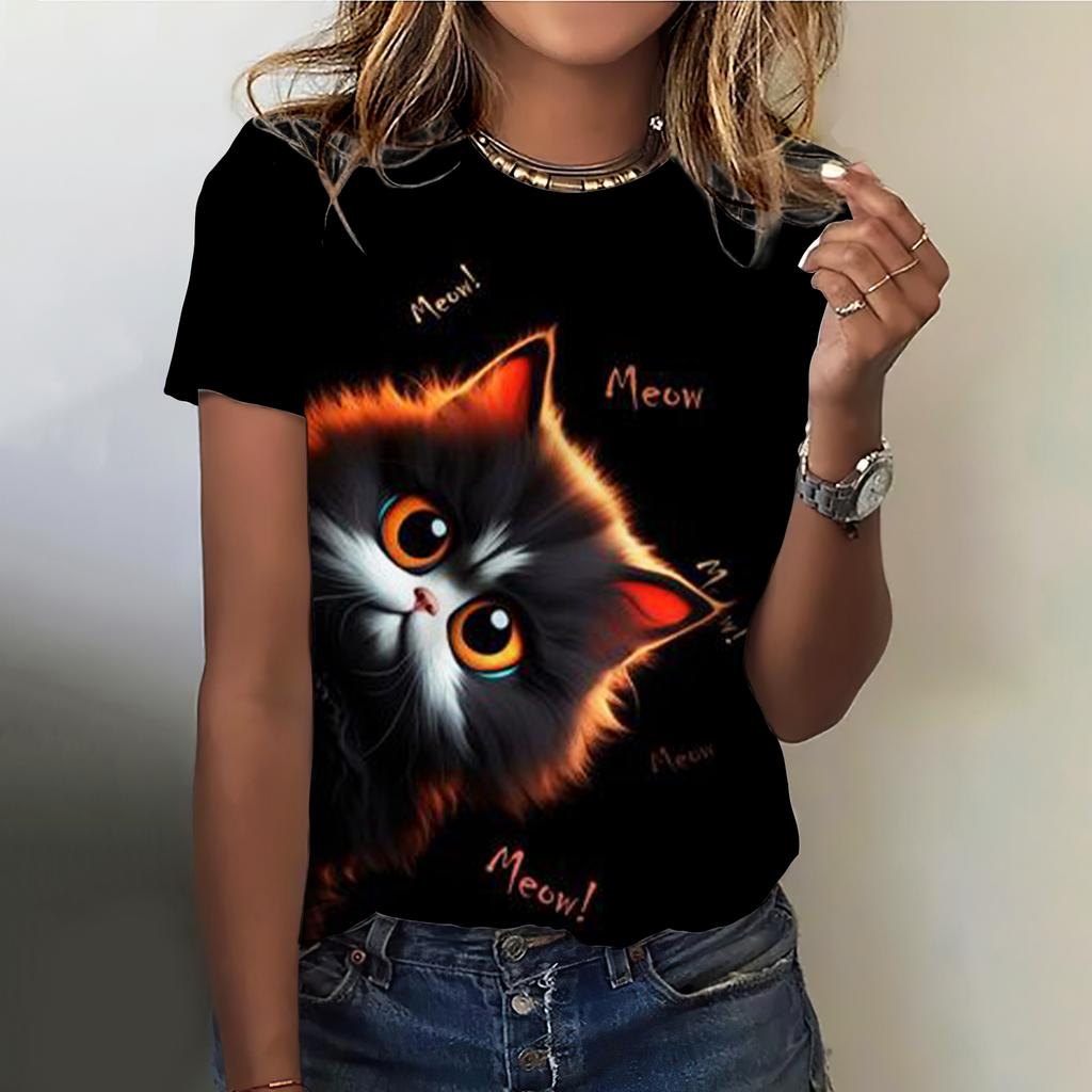 Summer Round Neck 3D Cat Pattern Animal Print Top Fashionable Casual Cute Short Sleeved Women's T-shirts