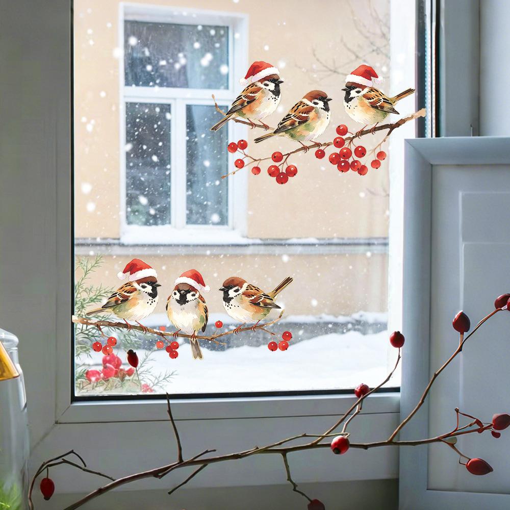 Christmas Red Fruit Branches, Christmas Hat Sparrows, Balcony, Glass Windows, Beautification, Decoration, Window Stickers