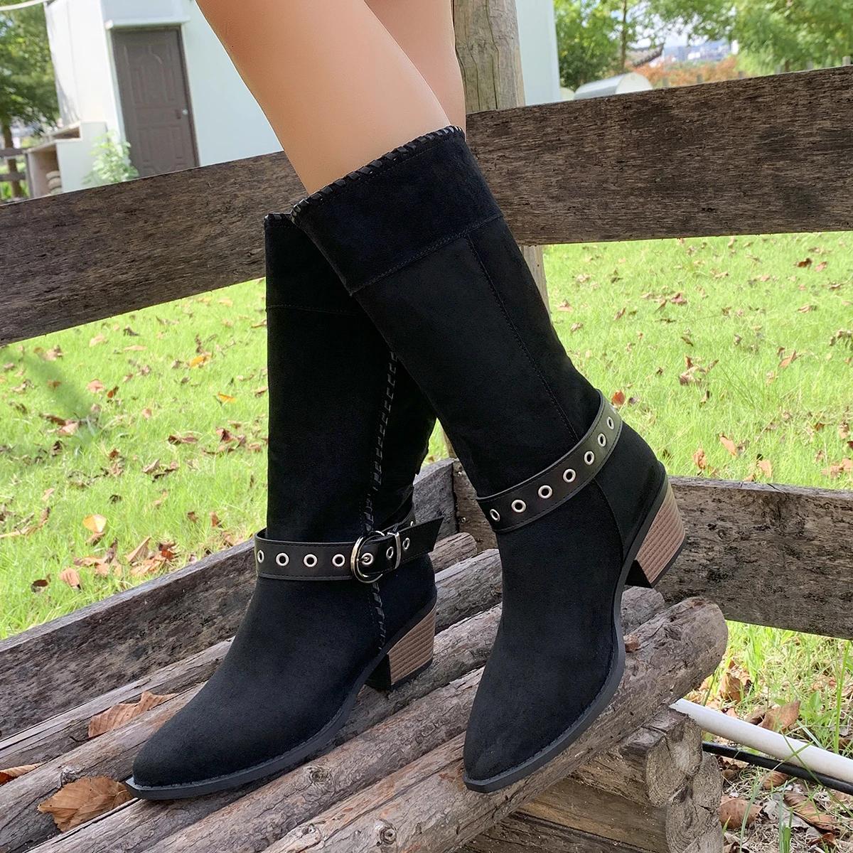 

Women Boots Quality Suede Mid-calf Boot Belt Buckle Design Women Boots Classic Lady Ankle Boot Western Cowboy Boots Botas Mujer 35 чёрный