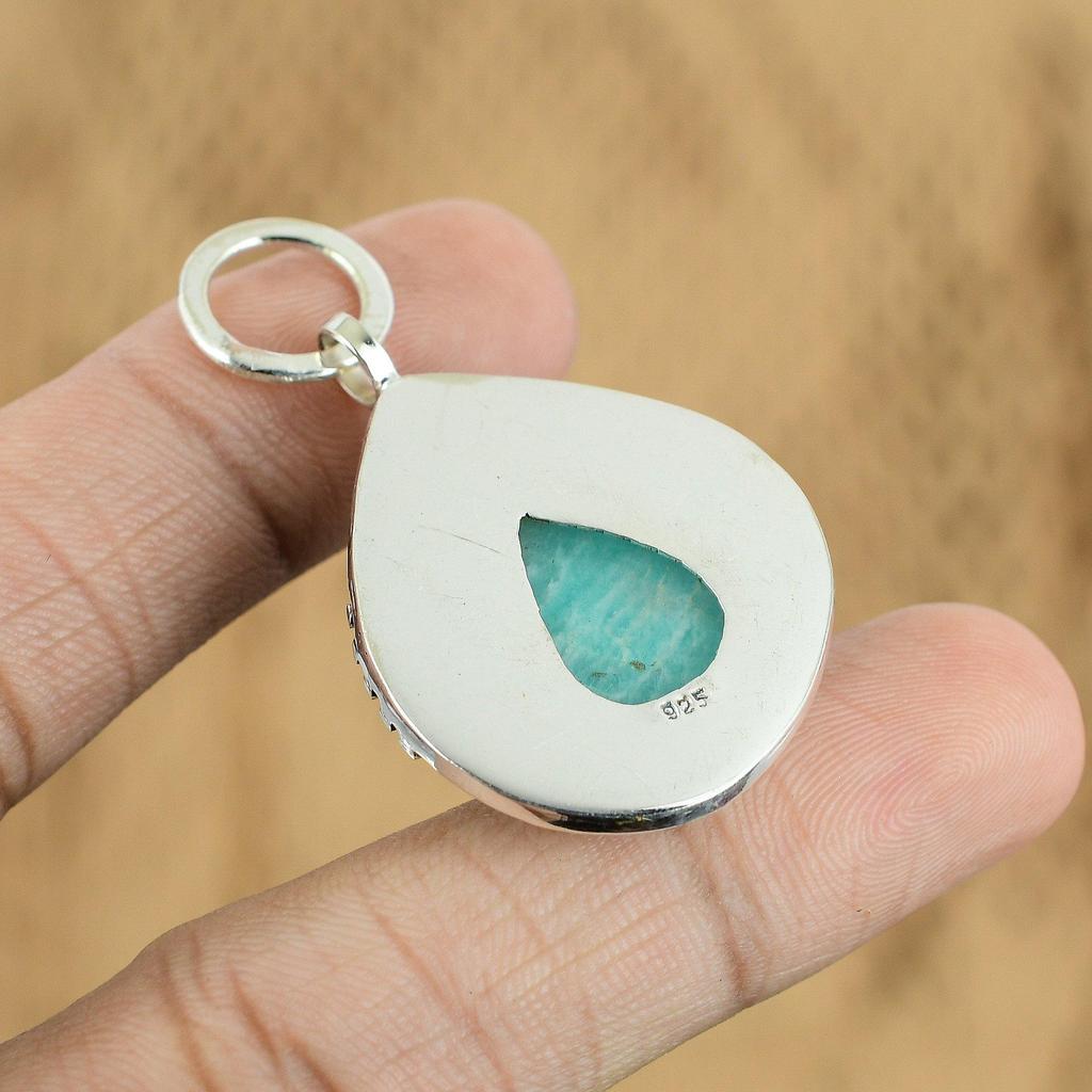 Anniversary Gift For Her Natural Amazonite Gemstone Pendant 925 Sterling Silver