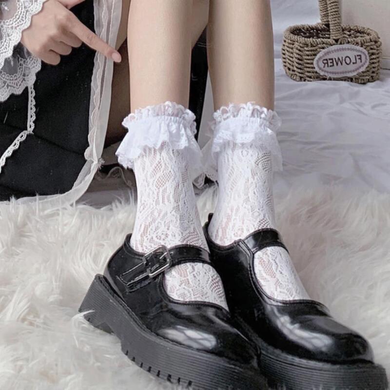 Women s see-through cute flower pattern socks A33457_White