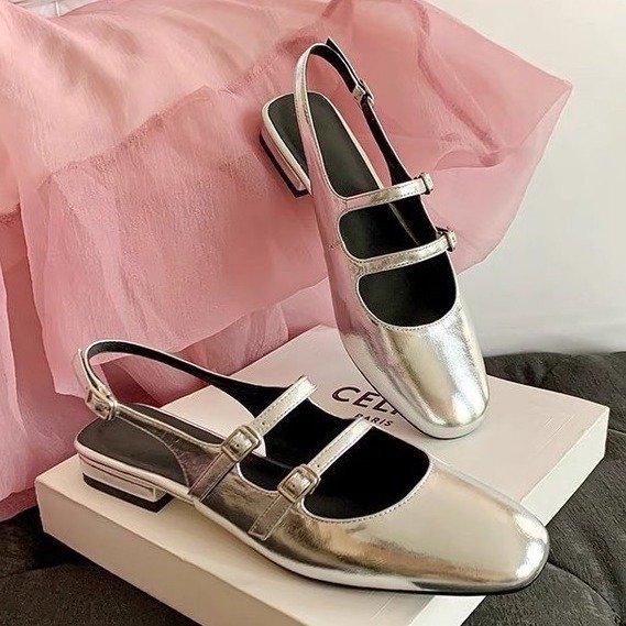 Double Buckle Silver Mary Jane Shoes Flat Low Heel French Retro Baotou Backempty Sandals Women