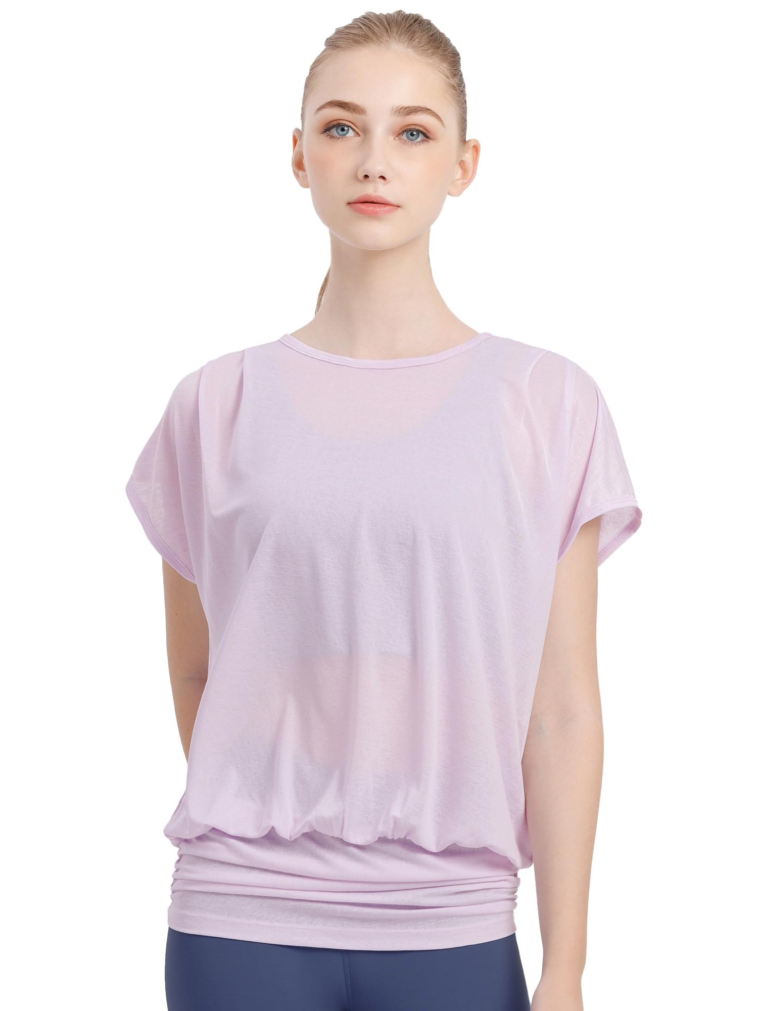 

Loopa Sheer Yoga Short Lilac Size L Top, Women s Sleeve, See-Through, Cool-to-the-Touch, Moisture-Wicking, Quick-Drying, Purple,