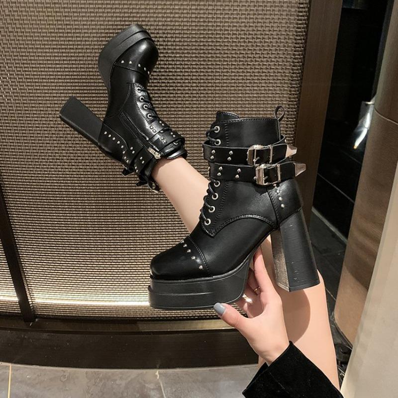 Belt Buckle Rivet Short Boots Side Zip Fashion Round Head Waterproof Platform High Heels Plush Winter Women'S Ankle Boots 35-42