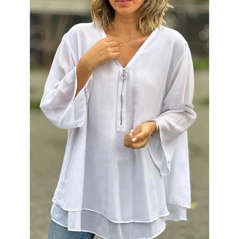QICED Women's Fashion Casual Solid Color Print Long Sleeve V Neck Blouses & Shirts