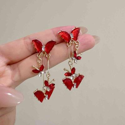 Elegant Red Zircon Butterfly Drop Earrings For Women Temperament Sweet Metal Bow Earrings Fashion Girls Jewelry Accessories