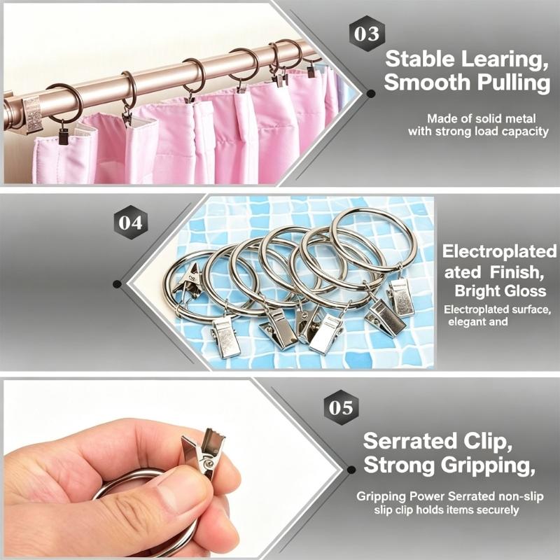 Metal Curtain Rings With Clips 25 Mm Interior Diameter Pack of 10 for Window Drapery Drapes Hanging, Divider Fabric, and Backdrops Display