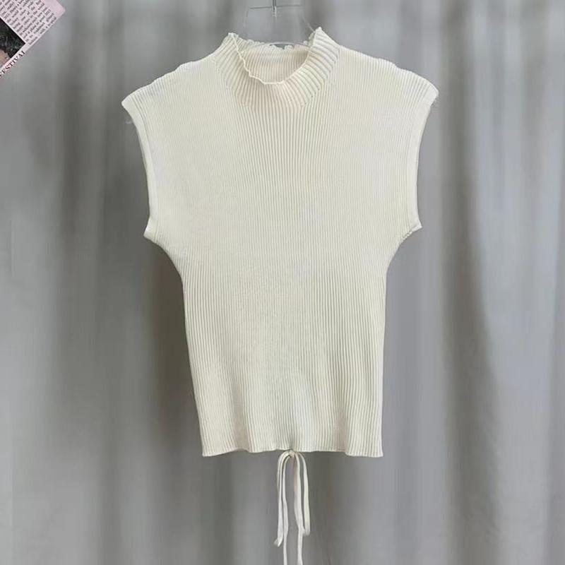 Modny Temperament Krawat Krótki Rękaw Dzianinowa Koszula Kobiety Lato Seksowna Pusta Pół Wysoki Dekolt Krótki Zmysł Designu Nisza Bluzki Casual Dopasowany Krój Pulowery T-shirty