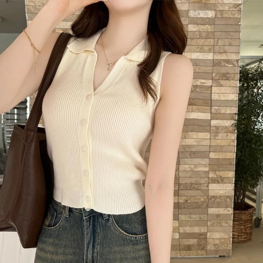 Lapel Ice Silk Slim Fit Vest for Women Summer Early Fall Thin Knit Tank Top Sleeveless Short Sleeve Casual Layering Outwear