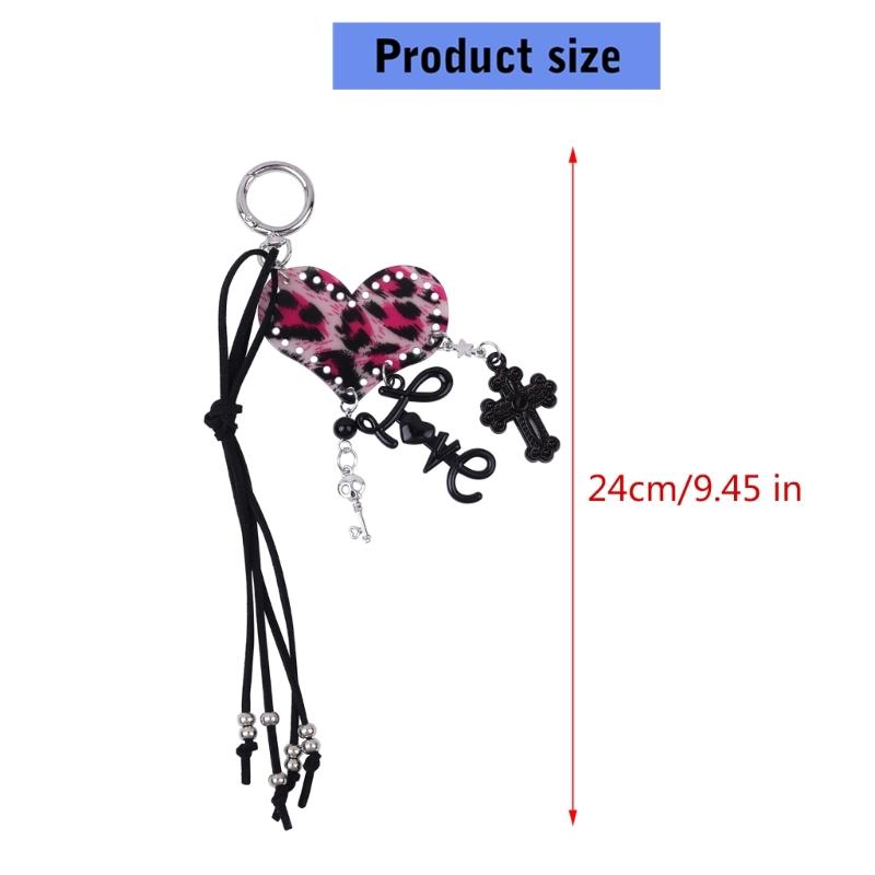 Cute Bag Charm Pendant Keyring Heart Key Crosses Braided Rope Keychain Bag Charm for Backpack Purse Handbag Decoration