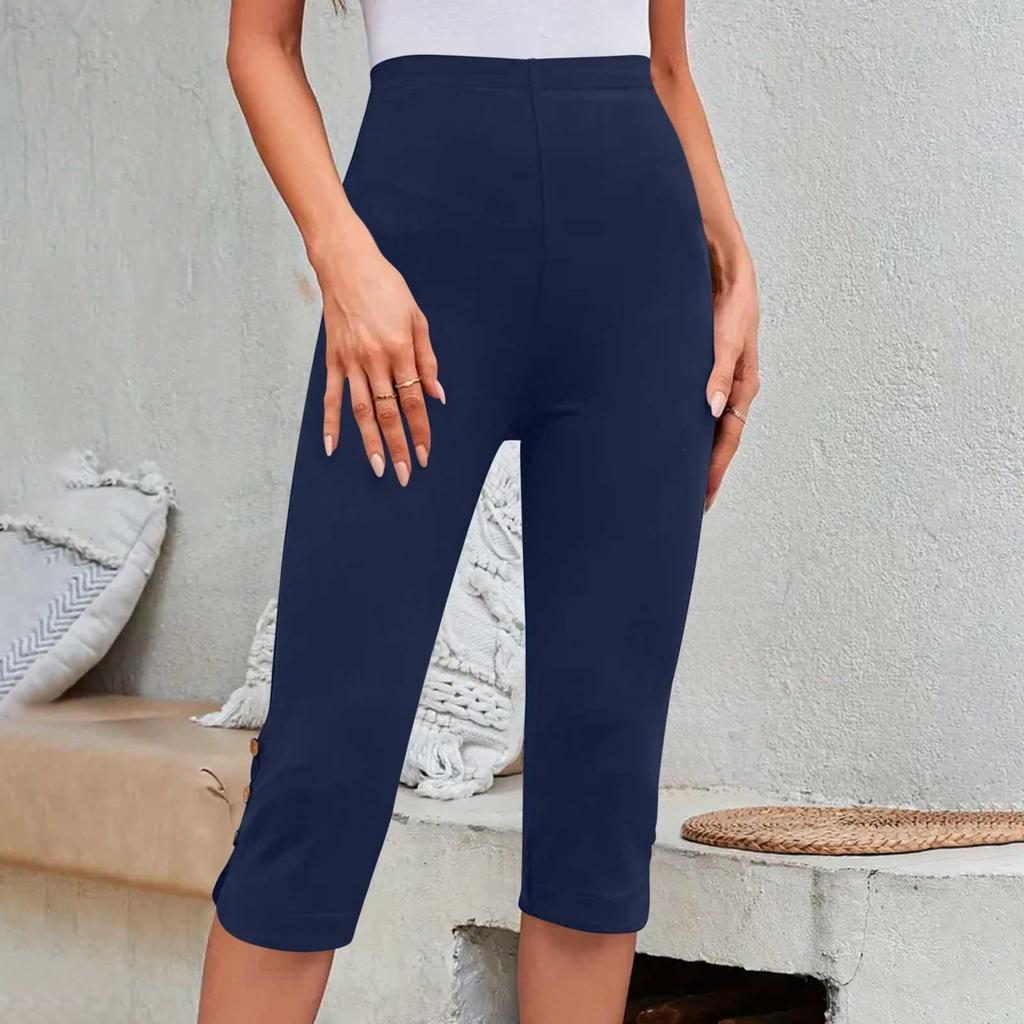 Women's Mid Rise Capri Leggings Loose Fit Button Split Casual Cropped Pants Summer Stretch Daily Bottoms