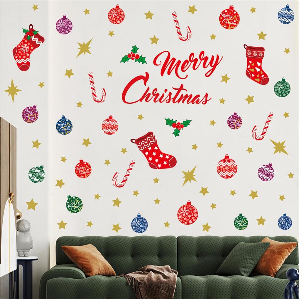 Christmas wall stickers featuring Christmas candy and removable wallpaper for interior Merry Christmas decor for living and balls, canes, socks,